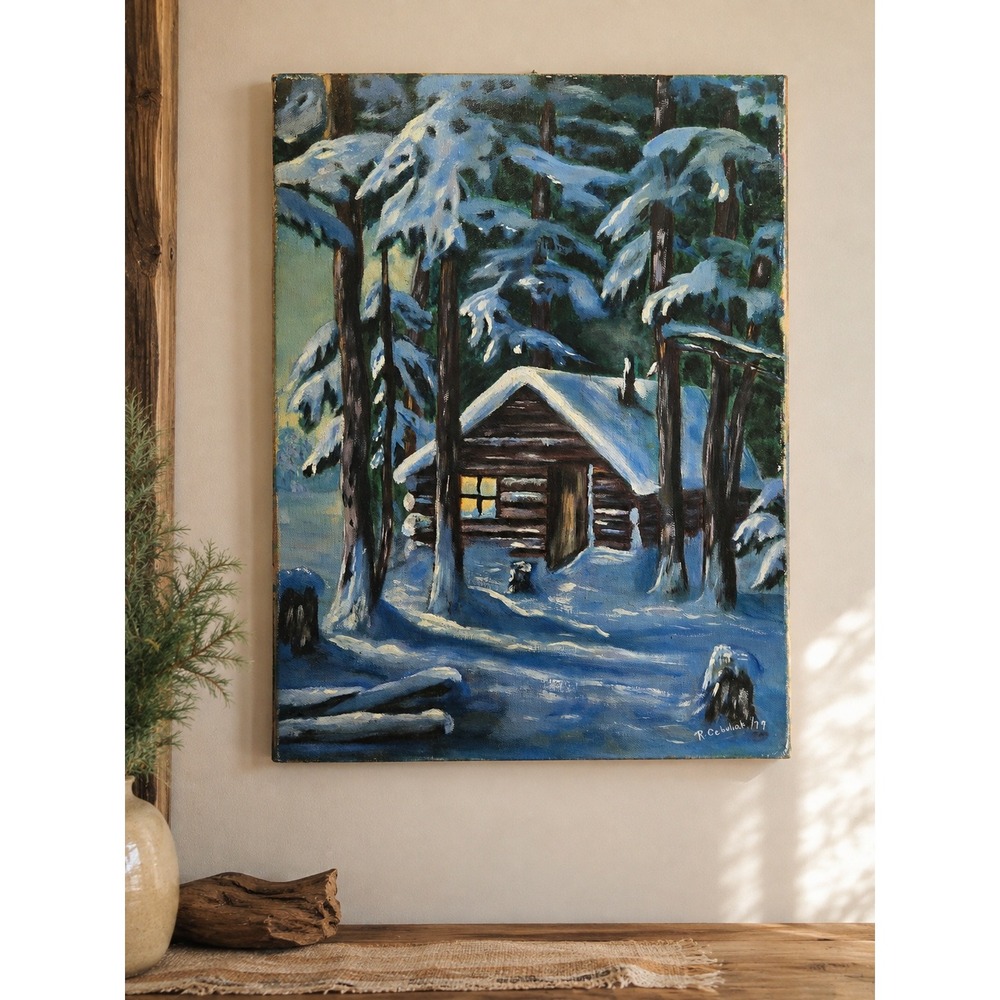 Vintage 79 Winter Cabin Painting Signed Original Snowy Forest Art Cabin 12x16